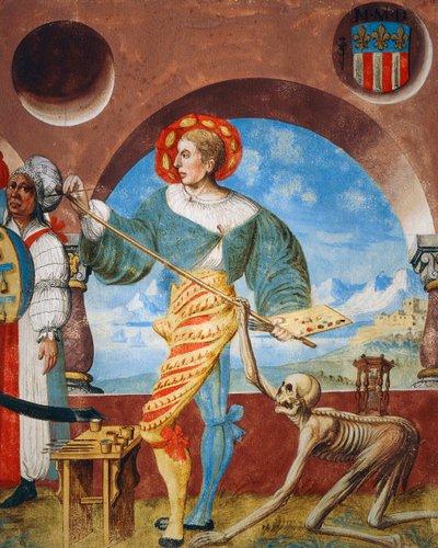 Śmierć wyciągająca pędzel od malarza, fragment Śmierci, grupa pogan i Malarz z cyklu Taniec Śmierci Albrechta Kauwa autorstwa Niklaus Manuel