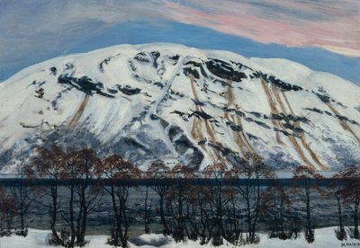 Zimny kwietniowy poranek z lawiną, śnieżna góra autorstwa Nikolai Astrup