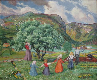 Norweski nynorsk:  Letni wiatr i bawiące się dzieci
Norweski Bokmål:  Letni wiatr i bawiące się dzieci autorstwa Nikolai Astrup