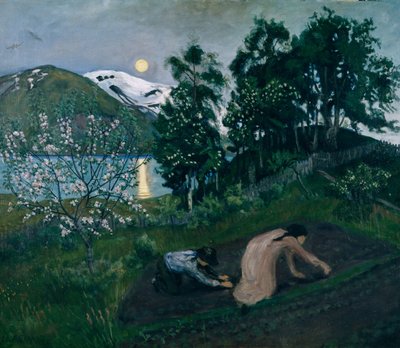 Wiosenna noc w ogrodzie, Nocna praca w ogrodzie autorstwa Nikolai Astrup