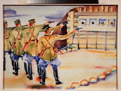 Miejsce ćwiczeń strzeleckich (Rzęd żołnierzy trenujących tarcze) - Miejsce ćwiczeń strzeleckich - Praca Nikołaja Dmitriewicza Prochorowa (1896-1942), akwarela na papierze, ok. 1930 r. - Sztuka rosyjska XX wieku, sztuka radziecka - Sztuka regionalna Mu autorstwa Nikolai Dmitrievich Prokhorov