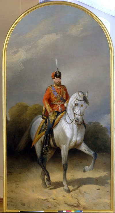 Portret cesarza Aleksandra III (1845-1894) w mundurze pułku husarskiego gwardii cesarskiej. (Portret cesarza Aleksandra III (1845-1894) w mundurze pułku husarskiego gwardii leibskiej). Obraz Nikołaja Jegorowicza Sverchkov autorstwa Nikolai Egorevich Sverchkov