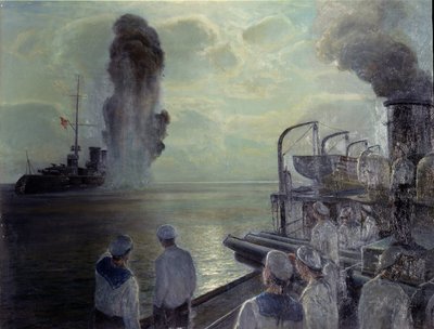 Rewolucja rosyjska 1917 r .: Rosyjska Flota Czarnomorska zatapia własne statki 18 czerwca 1918 r. (Samozatopienie Floty Czarnomorskiej 18 czerwca 1918 r.). Malarstwo Nikolai Eviampievich Bublikov (1871-1942), olej na płótnie autorstwa Nikolai Evlampievich Bublikov