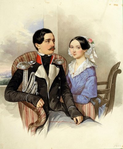 Portret hrabiego Jakova Karlovicha Sieversa (1818-1865) i hrabiny Vera Mikhaylovna (1818-1865) - Grafika N M Aleksiejewa (1800-1850) autorstwa Nikolai Mikhailovich Alexeyev
