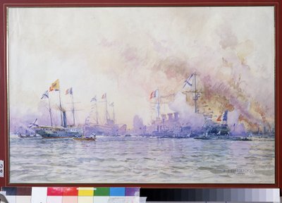 Przybycie francuskiego szwadronu do Krondstadt w 1893 roku. Krajobraz morski, z realistycznym opisem francuskich sił morskich (okręty wojenne, fregaty i korwety), po sojuszu francusko-rosyjskim autorstwa Nikolai Nikolaevich Gritsenko