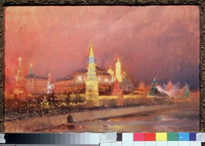 Oświetlenie Kremla Moskiewskiego. Miejski krajobraz, rosyjskie flagi i tłumy zgromadzone na nabrzeżach wzdłuż Moskwy. Obraz Nikołaj Nikołajewicz Gritsenko (1856-1900), olej na płótnie 1896. Sztuka rosyjska, pa autorstwa Nikolai Nikolaevich Gritsenko