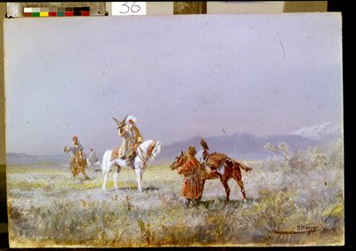 Sokolnictwo (Sokolnictwo). Jeźdźcy z Azji Środkowej szkolą sokoły do ​​polowania na stepach. Obraz Nikołaja Nikołajewicza Karasina (1842-1908), olej na płótnie autorstwa Nikolai Nikolaevich Karazin