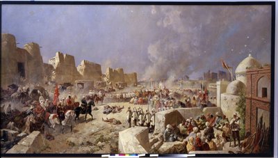 Armia rosyjska najeżdża Samarkandę (Uzbekistan) (armia rosyjska najeżdża Samarkandę). Okres rosyjskiej ekspansji w Azji Środkowej, Rosjanie zajęli Samarkandę w 1868 r. Obraz Nikołaj Nikołajewicz Karasin (1842-1908), olej na płótnie 1888. Sztuka autorstwa Nikolai Nikolayevich Karasin