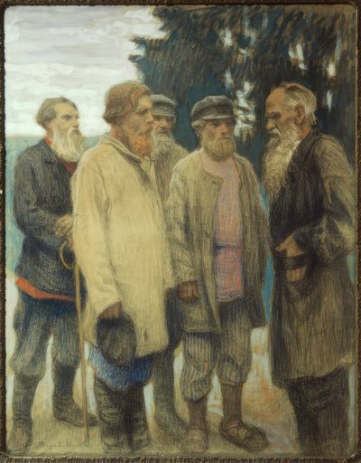 Lew Tołstoj z rolnikami / pastel Bogdanów-Bjelski autorstwa Nikolai P. Bogdanow Bjelski