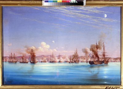 Zbombardowanie Sewastopola przez eskadrę francusko-brytyjską w 1854 r. (Bombardowanie Sewastopola przez brytyjsko-francuską eskadrę w 1854 r.). Odcinek oblężenia miasta w latach 1854-1855, podczas wojny krymskiej między koalicją imperiów osmańskich, f. autorstwa Nikolai Pavlovich Krasovsky