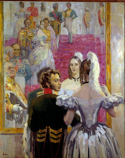 Rosyjski poeta Aleksander Puszkin (Puszkin) (1799-1837) i jego żona Natalia Gontczarowa (Gonczarowa) na balu pałacowym Aniczkofa. Obraz Nikołaja Pawłowicza Uljanowa (Uljanowa) (1875-1949) autorstwa Nikolai Pavlovich Ulyanov