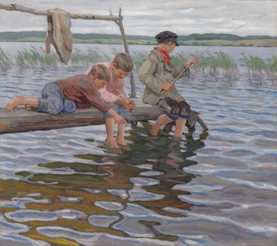 Chłopcy łowią ryby na molo autorstwa Nikolai Petrovich Bogdanov Belsky