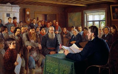 Orędzie niedzielne w wiejskiej szkole”, 1895. autorstwa Nikolai Petrovich Bogdanov Belsky