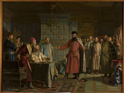Spór Zachariego Pietrowicza Lapunowa (zm. 1612) z carem Wasilijem IV Czouskim (1552-1612) na Kremlu, autorstwa Niewrewa, Nikołaja Wasiljewicza (1830-1904). olej na płótnie autorstwa Nikolai Vasilievich Nevrev