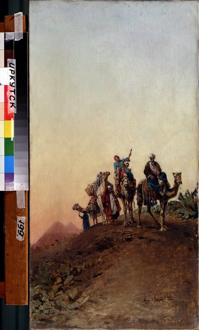 Wielbłądy w pobliżu piramid w Gizie (Gizeh, Gizeh, Giza) (Kair, Egipt). (Wielbłądy W Pobliżu Piramid). Obraz Nikołaja Jegorowicza Makowskiego (1842-1886), olej na płótnie autorstwa Nikolai Yegorovich Makovsky
