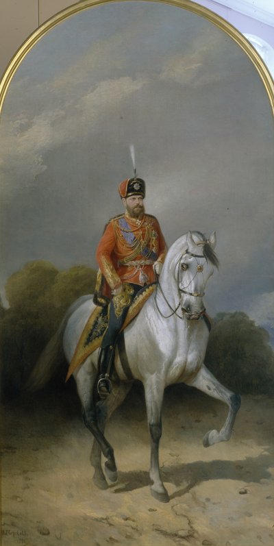 Portret cesarza Aleksandra III 1845-1894 w mundurze pułku husarskiego gwardii leibskiej, 1881 autorstwa Nikolai Yegorovich Sverchkov