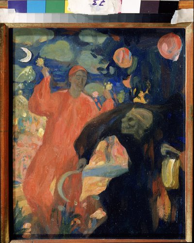 Pamięci Nikołaja Sapunowa (Sapunowa) (1880-1912) (Pamięci N. Sapunowa). Uosobienie śmierci kłania się i ucieka przed uśmiechniętą postacią życia, machającą marakasami. Praca Nicolasa (Nikolai) Dimitrievich Millioti (1874-1962), olej na karcie autorstwa Nikolaj Nikolaevic Sapunov