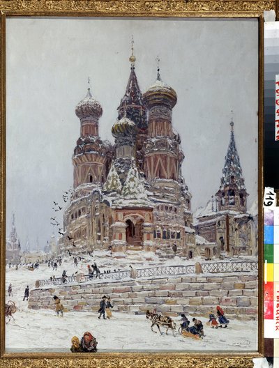 ""Plac Czerwony w Moskwie z widokiem na Sobór Wasyla Błogosławionego (Św. Bazylego) (lub Sobór Wstawiennictwa Dziewicy (Wstawiennictwa Dziewicy) lub Sobór Błogosławionego Bazylego (Błogosławionego) (Plac Czerwony w Moskwie) . autorstwa Nikolay Nikanorovich Dubovskoy