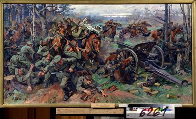Kawaleria rosyjska szarżująca na artylerię niemiecką w 1915 r. (Kawaleria rosyjska szarżująca na artylerię niemiecką w 1915 r.). Malarstwo Nikołaja Jakowlewicza Borysowa (1873-1942). Olej na płótnie, 75 x 142 cm, sztuka rosyjska z początku XX wieku. Centra autorstwa Nikolay Yakovlevich Borisov