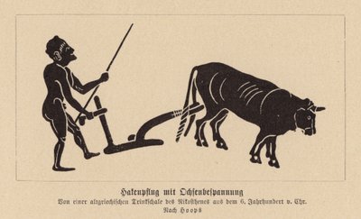 Starożytny grecki pług ciągnięty przez woły (litografia) autorstwa Nikosthenes