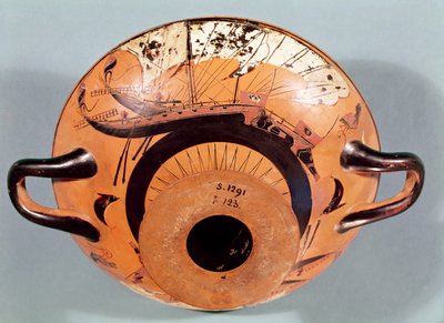 Attyka czarnofigurowa filiżanka przedstawiająca greckie żaglowce, ok. 520 pne (ceramika) autorstwa Nikosthenes