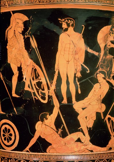 Herakles i greccy bohaterowie, fragment z kielicha-krateru z czerwonymi figurami na Attyce, ok. 490 p.n.e. (ceramika) (patrz także 92577 i 19106) autorstwa Niobid Painter
