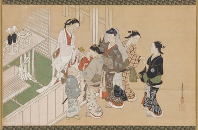 Pierwsza wizyta niemowlęcia w sanktuarium Shinto, okres Edo, koniec XVII-początek XVIII wieku. autorstwa Nishikawa Sukenobu