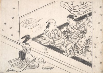 Lady Playing Shamisen ze swoim kochankiem i opiekunem w pobliżu. autorstwa Nishikawa Sukenobu