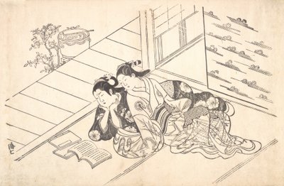 Dwie kobiety leżące na podłodze pokoju i czytające książkę, ca. 1730 r., ok. 1730 r. 1730. autorstwa Nishikawa Sukenobu