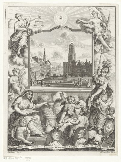 Stadsgezicht met Domkerk te Utrecht en allegorie met Utrechtse stedenmaagd Titelpagina voor: Elias de Vries, Dissertatio juridica, de jure naturale ac gentium, seu duobus prioribus juris fontibus, 1745. autorstwa Noach van der Meer (I)