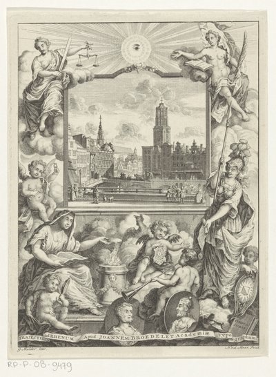 Stadsgezicht met Domkerk te Utrecht en allegorie met Utrechtse stedenmaagd Titelpagina voor: Elias de Vries, Dissertatio juridica, de jure naturale ac gentium, seu duobus prioribus juris fontibus, 1745. autorstwa Noach van der Meer (I)
