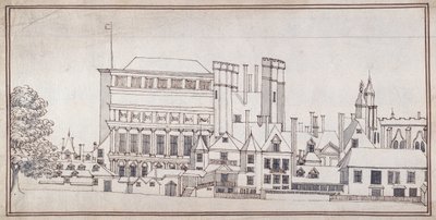 Whitehall z Bramą Holbeina i Domem Bankietowym Inigo Jonesa, ok. 1677 (pióro i brązowy tusz z szarym lakierem) autorstwa Noel Gasselin