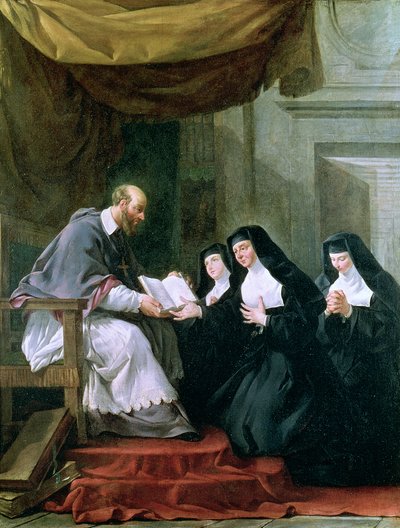 Święty Franciszek Salezy (1567-1622) przekazuje Regułę Nawiedzenia świętej Jeanne de Chantal (1572-1641). autorstwa Noel Halle