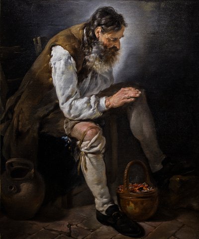 Zima. Starzec ogrzewający ręce przy piecu, ok. 1747 (olej na płótnie) autorstwa Noel Halle