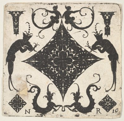 Wklęsły panel w kształcie rombu i figury groteskowe, ca. 1620-30. autorstwa Noel Rouillard