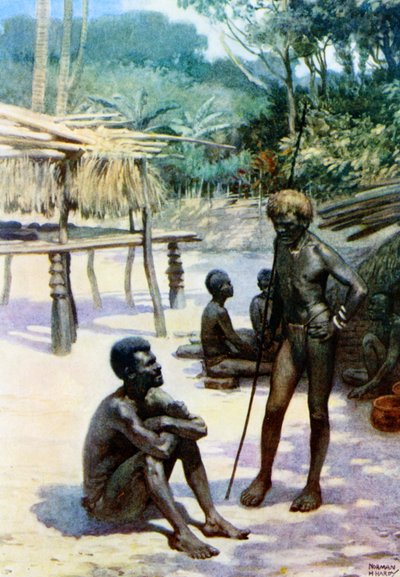 A Yam shed and natives", Espiritu Santo, Nowe Hebrydy, 1908 r. autorstwa Norman Hardy