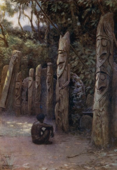 Kamień „Demits”, czyli Dusze, z towarzyszącymi im drewnianymi figurami, Wyspa Malekula, Nowe Hebrydy (kolor lito) autorstwa Norman Hardy