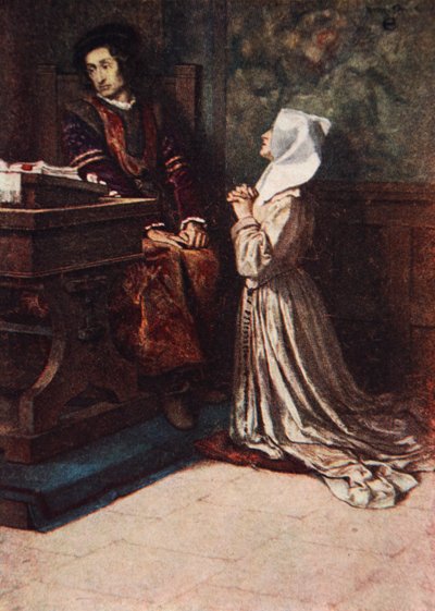 Błaganie Izabeli, Miarka za miarkę, Akt II, scena 2, ilustracja z „Opowieści Szekspira” Charlesa i Mary Lamb autorstwa Norman Mills (after) Price