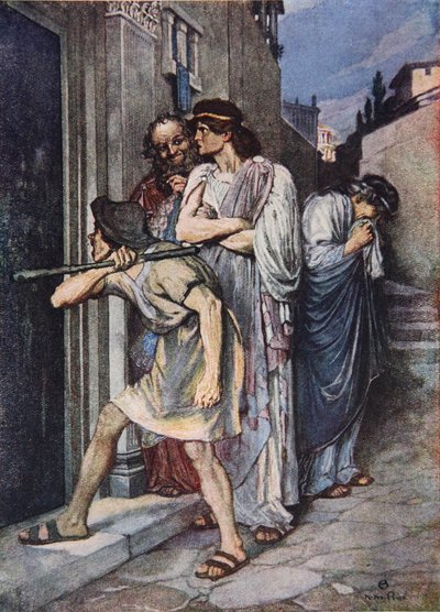 „Wpuść mojego pana”, Komedia omyłek, akt III, scena 1, ilustracja z „Opowieści Szekspira” Charlesa i Mary Lamb autorstwa Norman Mills (after) Price