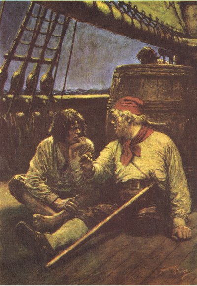 Beczka zadrżała, gdy oparł się o nią ramieniem, z Wyspy Skarbów wydanej przez MacDonalda 1947 (kolor lito) autorstwa Norman Mills Price