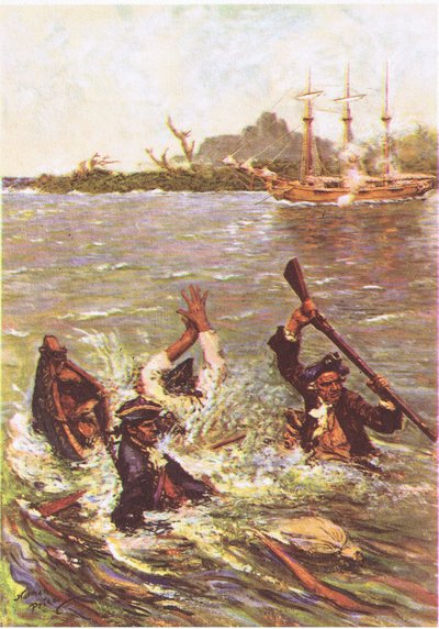 Łódź zatonęła przy rufie na trzy stopy wody, z Treasure Island opublikowanej przez MacDonalda 1947 (kolor lito) autorstwa Norman Mills Price
