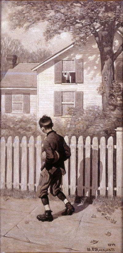 Magiczny futbol „Tommy pojawił się w oknie na piętrze”. (Chłopiec ze świną) autorstwa Norman Rockwell