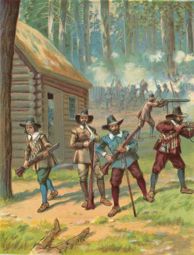 Pielgrzymi walczący z Indianami autorstwa North American