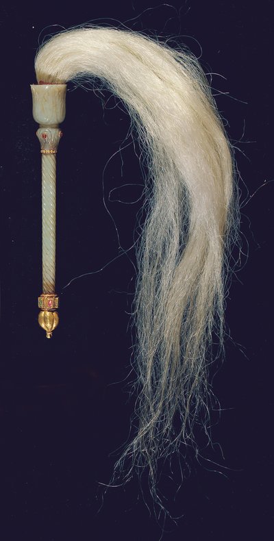 Rzeźbiony jadeitowy muchołap Mughal (jadeit, czerwony kamień, złoto i końskie włosie), ok. 1775-79 r. autorstwa North Indian School