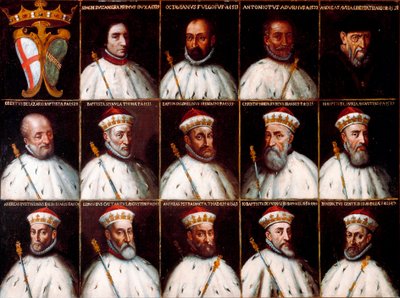 Herb Republiki Genowej i portrety Dożów - Simone Boccanegra, Ottaviano Fregoso i Antoniotto II Adorno; Andrei Dorii. Oberto Cattaneo Lazzari, Battista Spinola, Battista Lomellini, Cristoforo Grilaldi Rosso, Giovanni Battista Doria autorstwa Northern Italian School