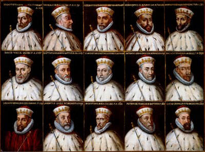 Herb Republiki Genowej i portrety Dożów. Gio Battista Gentile Pignolo, Nicolò Doria, Gerolamo De Franchi Toso, Gerolamo Chiavari, Ambrogio Di Negro, Davide Vacca (lub Vaccari), Battista Negrone, Gio Giustiniani Campi, Antonio Grimal autorstwa Northern Italian School