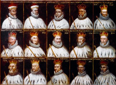Herb Republiki Genowej i portrety Dożów. Giovanni Stefano Doria, Francesco Gio Brignole Sale, Agostino Pallavicini, Giovanni Battista Durazzo, Agostino Giovanni De Marini, Giovan Battista Lercari, Luca Giustiniani, Giovanni Battista L autorstwa Northern Italian School