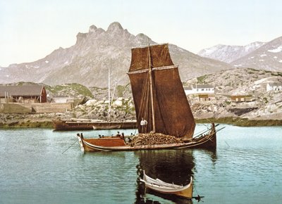 Łódź Nordland z ładunkiem kłód, Norwegia, 1890-1900 autorstwa Norwegian Photographer
