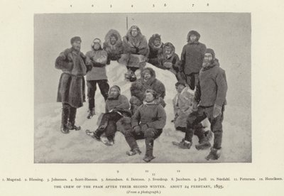 Załoga Framu po drugiej zimie, około 24 lutego 1895 (zdjęcie czarno-białe) autorstwa Norwegian Photographer