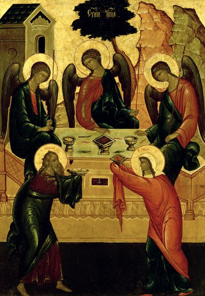 Trójca Święta, Szkoła Nowogrodzka, XV w. (tempera na płótnie) autorstwa Novgorod School